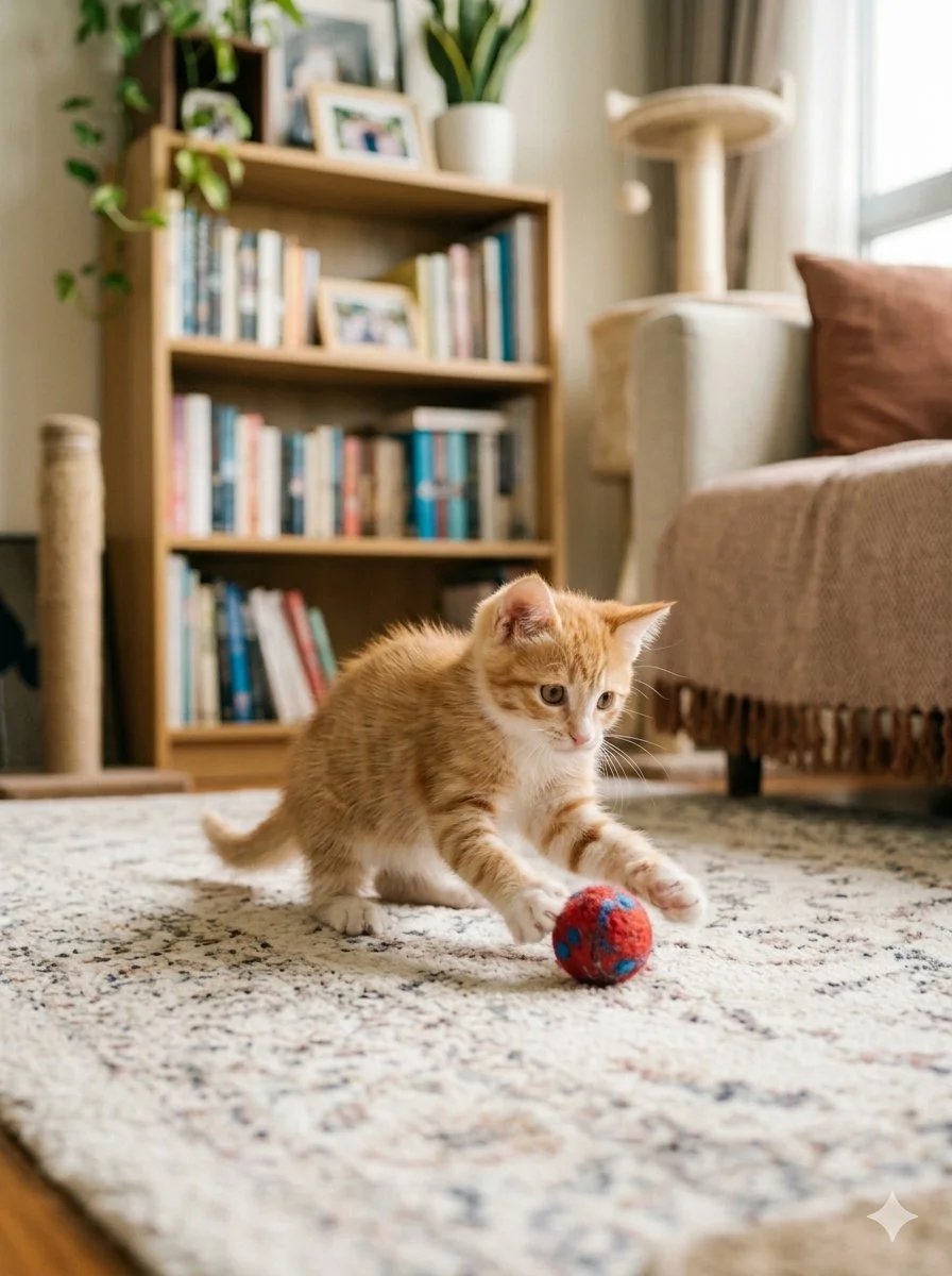 Kitten playing with toy ball