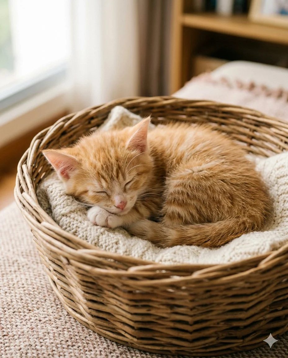 Kitten sleeping in basket