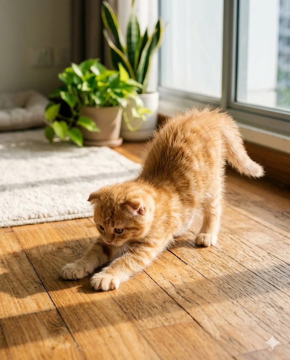 Kitten stretching on floor