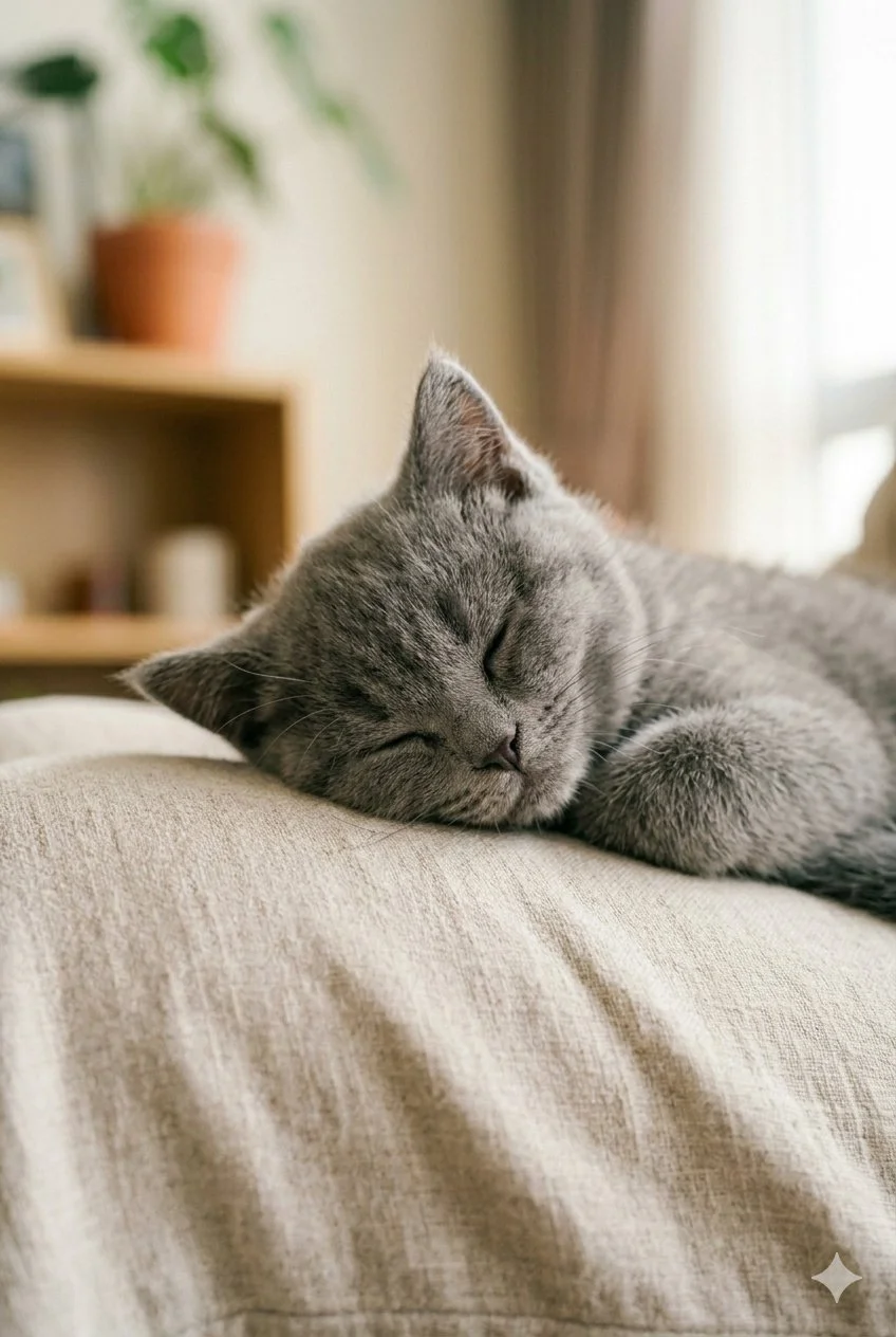 Grey cat napping on sofa